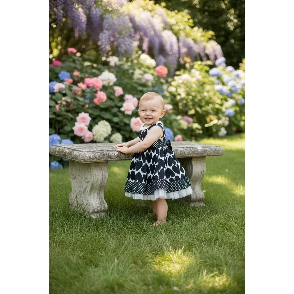 Savannah Baby Girl Party Dress 18M Black & White Heart Print Tulle Hem formal